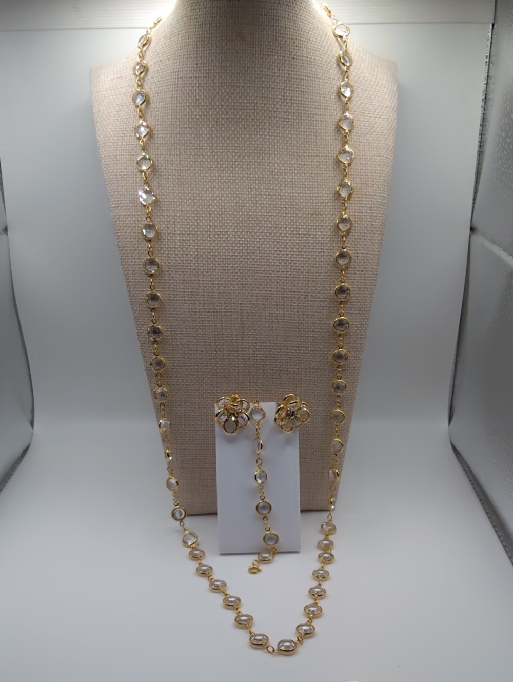 Swarovski Clear Crystal Long Necklace, Bracelet, And Matching Clip Earrings - Picture 13 of 13